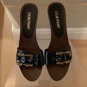 Faux Wooden Kitten Heel Slides With Jewel Buckle